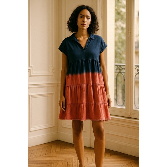 Umgee USA Dresses & Skirts - Umgee USA Ombre Tiered Dress Navy Coral Linen Blend Short Sleeve Collared Midi M